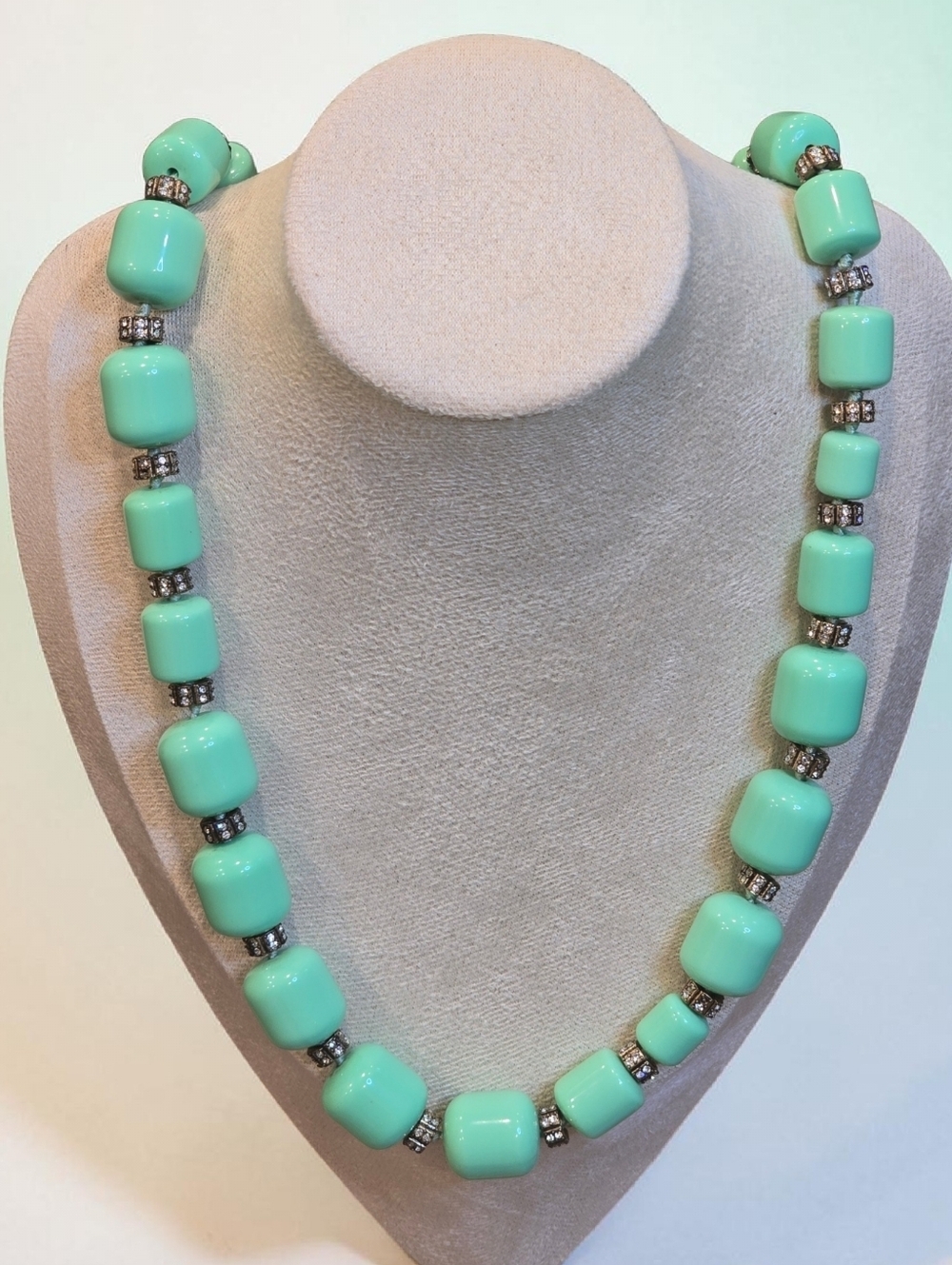 J. Crew Mint Green Beaded Necklace with Rhinestone Spacers